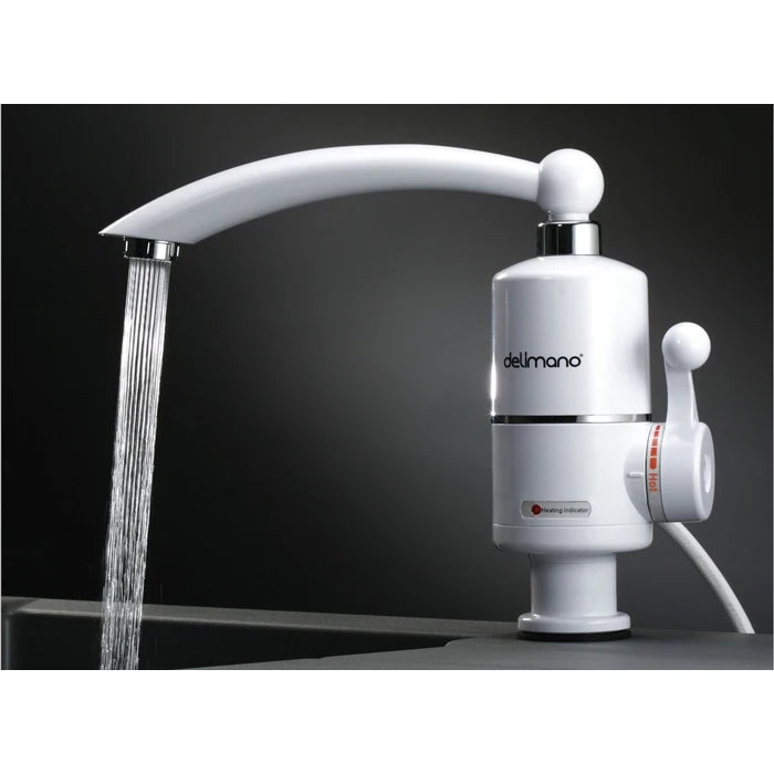 White kitchen faucet with water flowing on a dark background