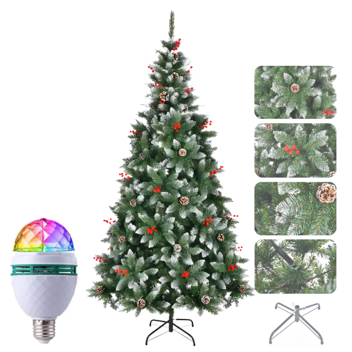 Decorated Christmas tree with colorful light bulb and close-up details on a white background