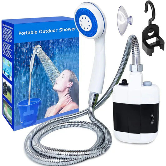 Duș portabil de camping APF® cu acumulator USB, furtun flexibil 1.5m și pompă, ideal pentru utilizare în aer liber