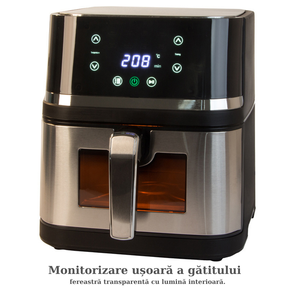 Stainless steel air fryer with digital display on a white background