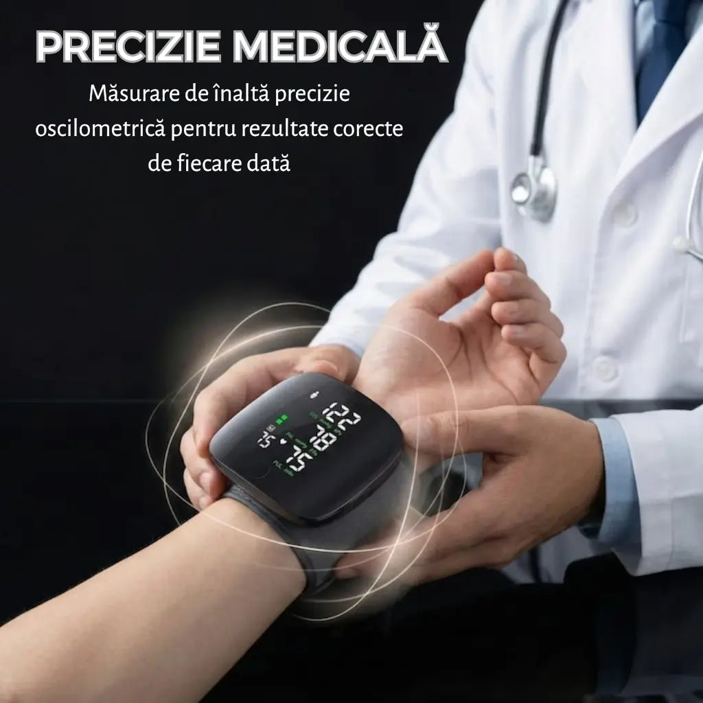 Tensiometru Electronic de Încheietură FOTOFUN văzut in funcționare folosit de un doctor
