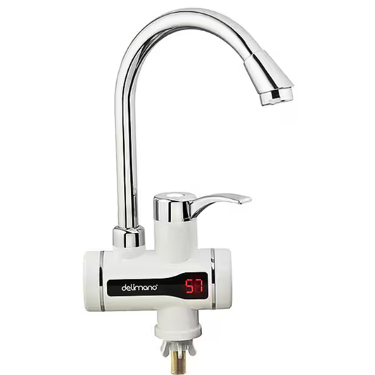 Chrome kitchen faucet with digital temperature display on a white background