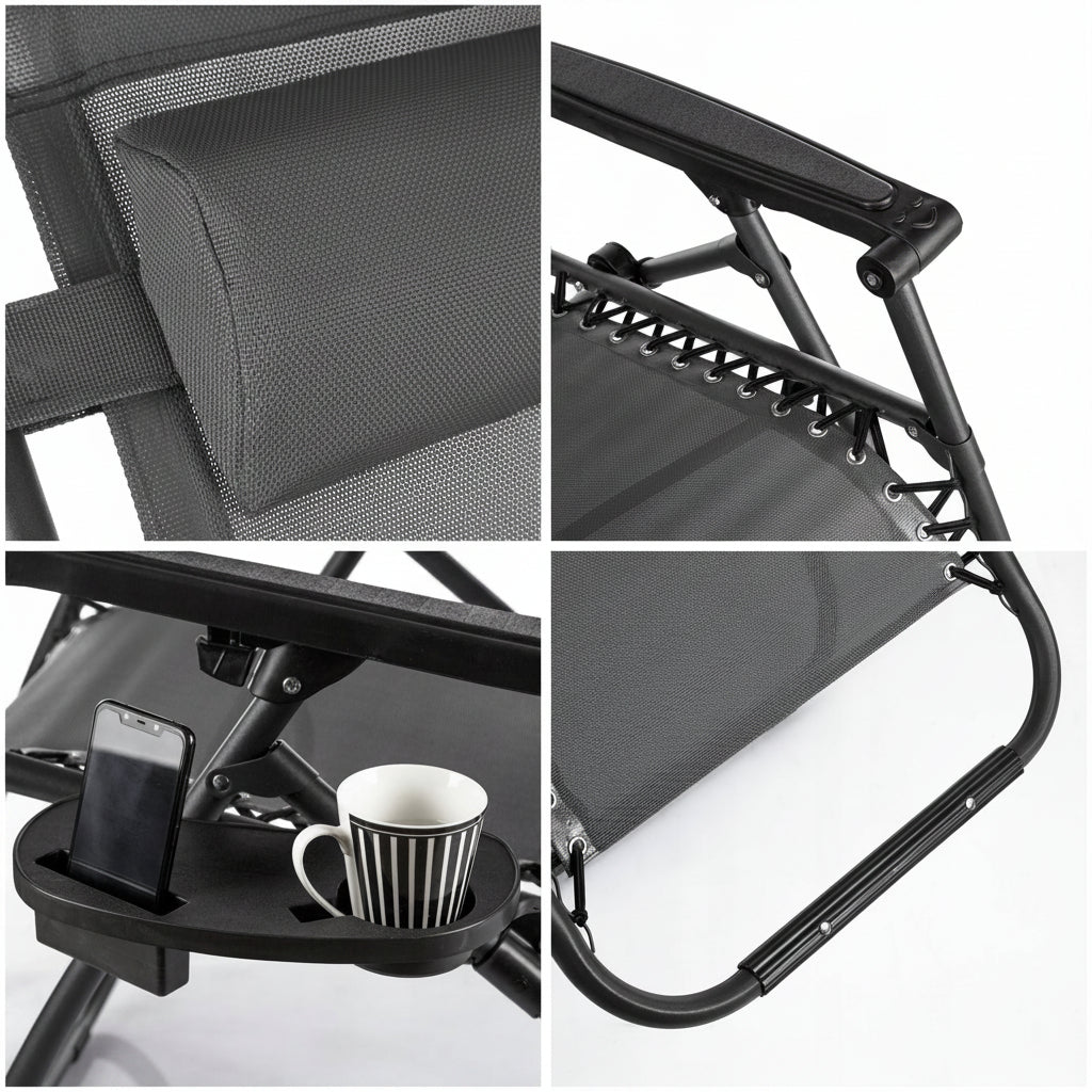 Folding and Reclining Sun Lounger with Cup Holder, Steel Frame, Outdoor Fabric, Black – 120 kg