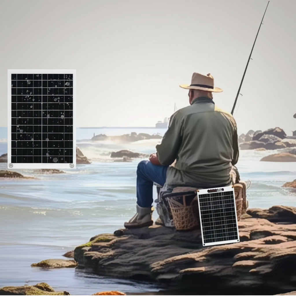 Un panou solar portabil și o persoană care pescuiește
